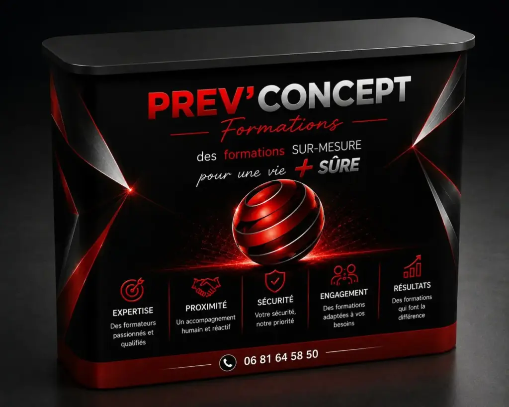 Présentoir Prev’Concept Formations : expertise, proximité, sécurité, engagement, résultats
